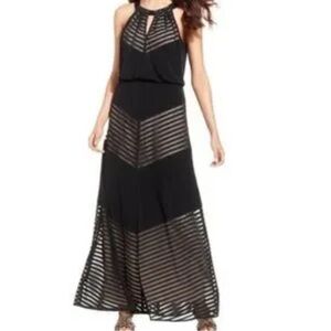 London Times Black Sheer Striped Maxi Dress